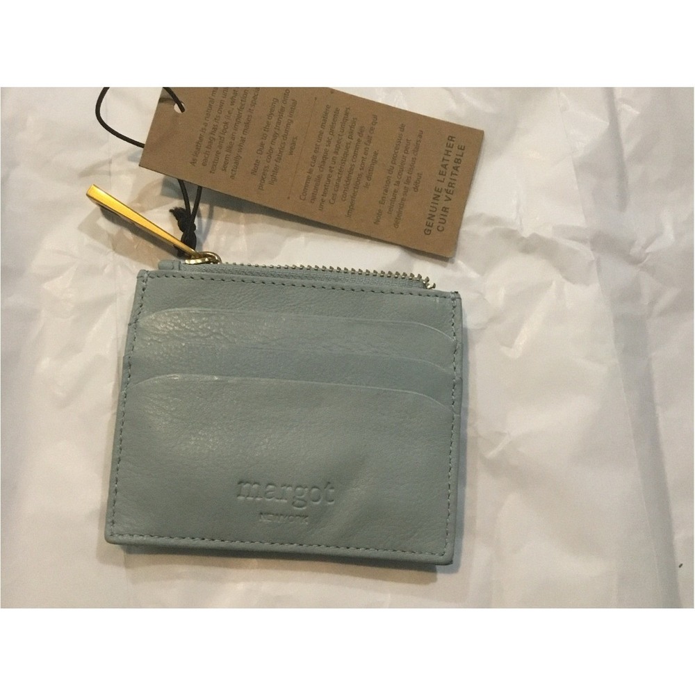 Margot Powder Blue Leather Card Wallet Gold Zip Pull Embossed Logo New